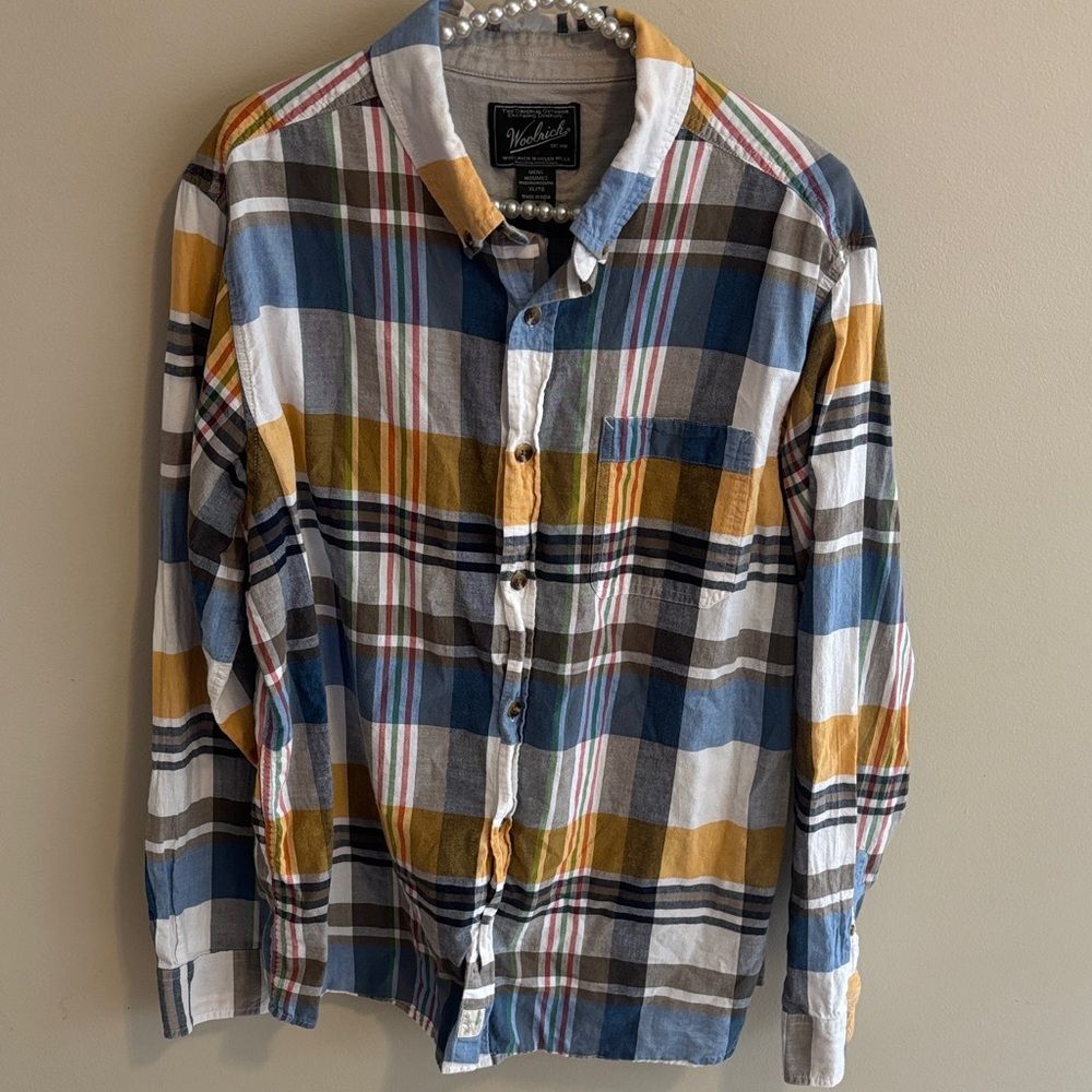 Woolrich Men's Blue and Yellow Plaid Button Down Shirt size xl